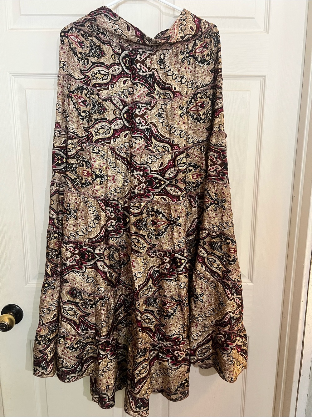 Beige Paisley Midi Skirt with Burgundy Accents